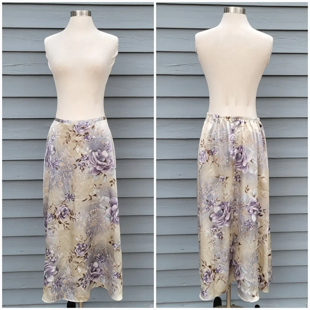 Vintage 90s‎ y2k Kathy Lee Blue Tan Satin Purple Floral Midi Slip Skirt 12